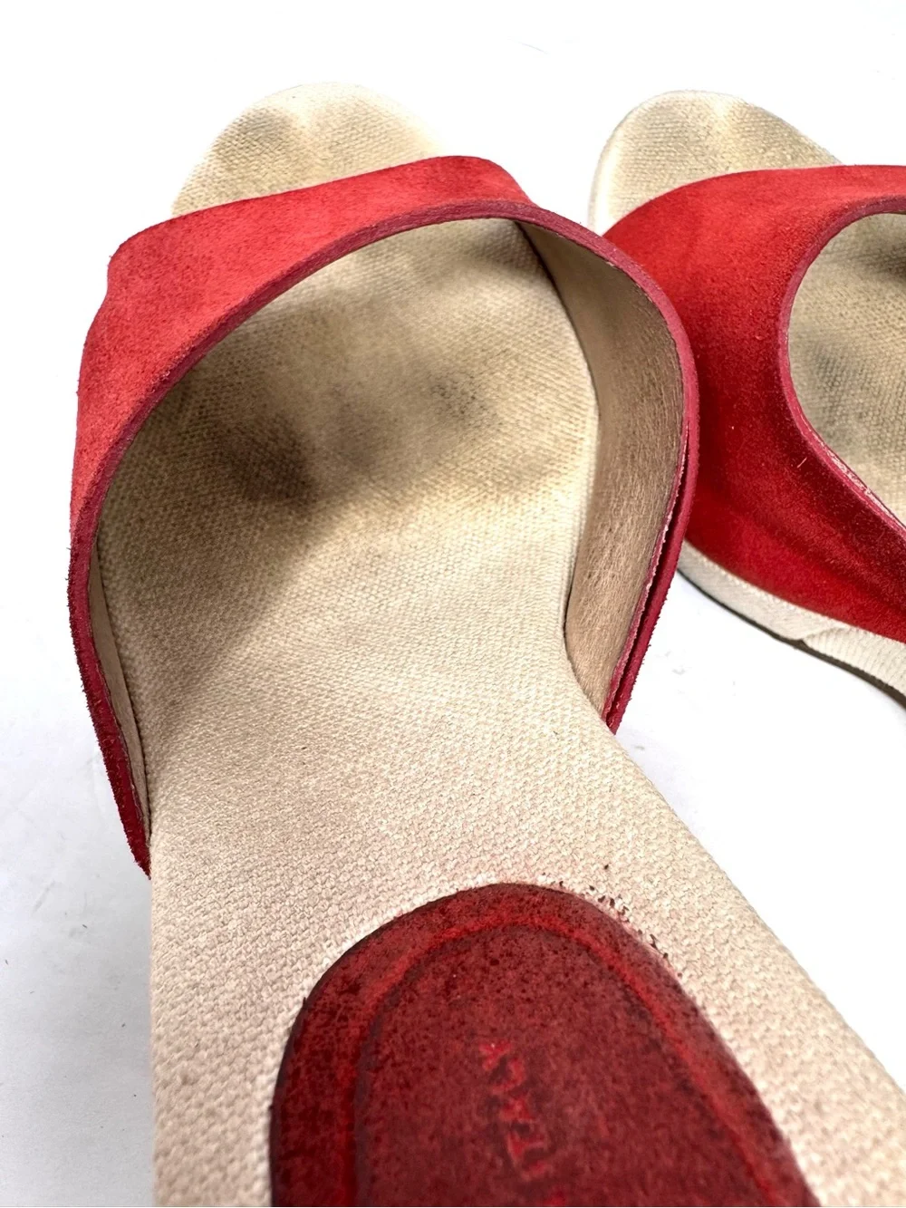 DKNY red suede peep toe wedges, made in Italy, size 9